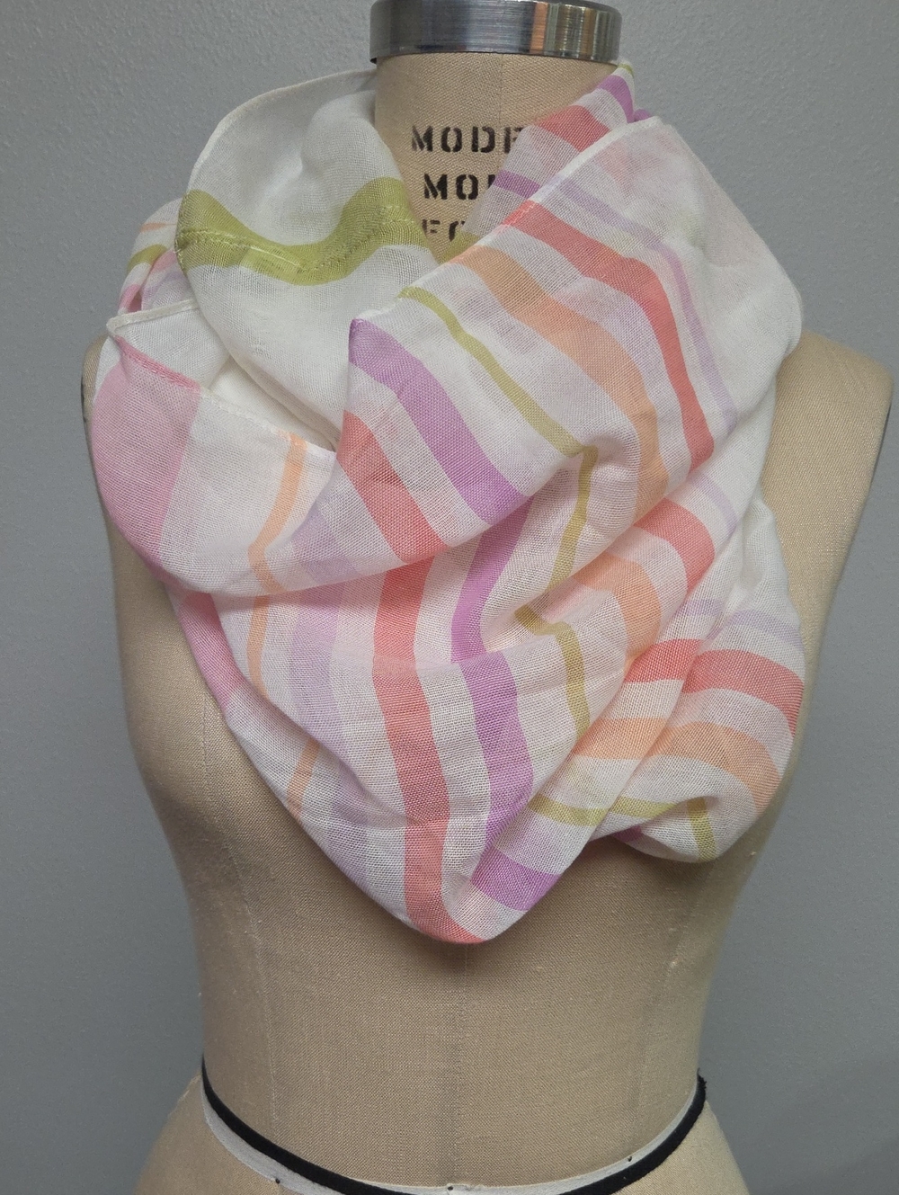 J. Jill White Infinity Scarf with Lime, Pink and Peach Stripes